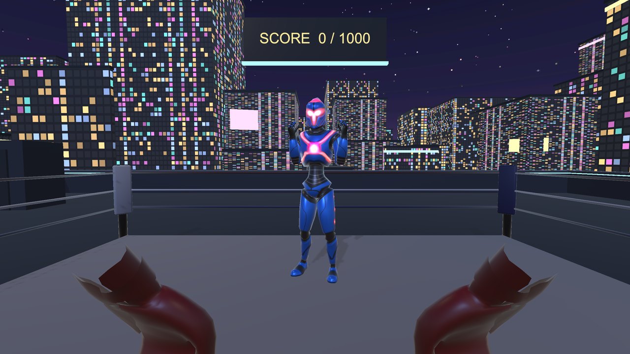 Boxing a robot on a neon rooftop